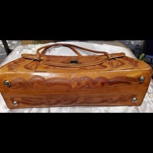Handmade Genuine Leather Handbag Purse-Hand Tooled Floral-Brown-Vintage-Clasp
